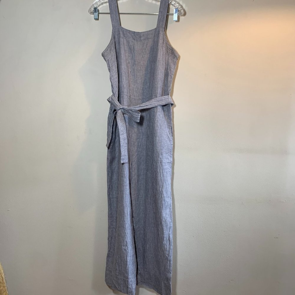 Everlane Jumpsuit - thin vertical blue/white stripes, removable belt, linen